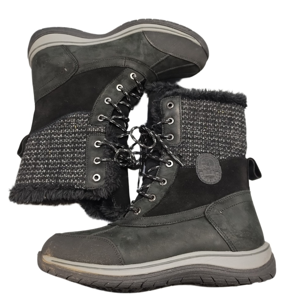 Lands' End Snow Boots Womens Size 9B Black Faux Fur Lined Waterproof Lace Up EUC
